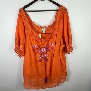 Venezia Blouse Plus 18/20 Orange Embroidered Peasant Boho Sheer Crinkle Festival